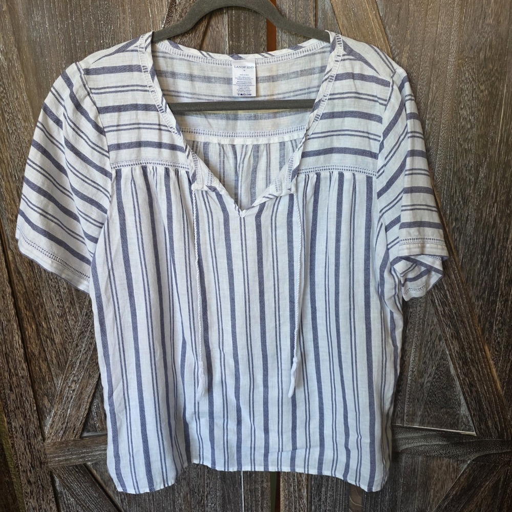 Lands' End Shirt Women's Size 18 White & Navy Stripes 100% Linen Short Sleeves